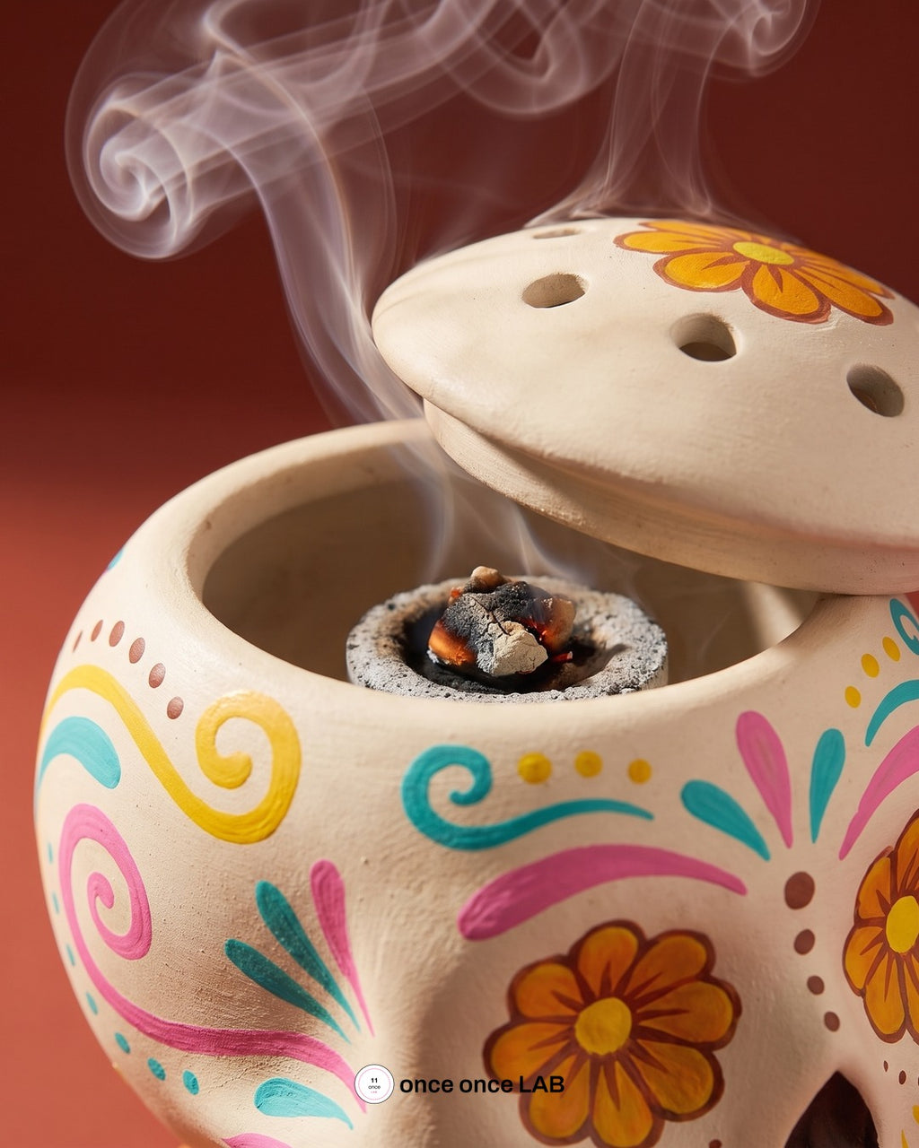 Copalero Calaverita de Azúcar con Cempasúchil — Sahumador para Ofrenda de Día de Muertos — once once LAB