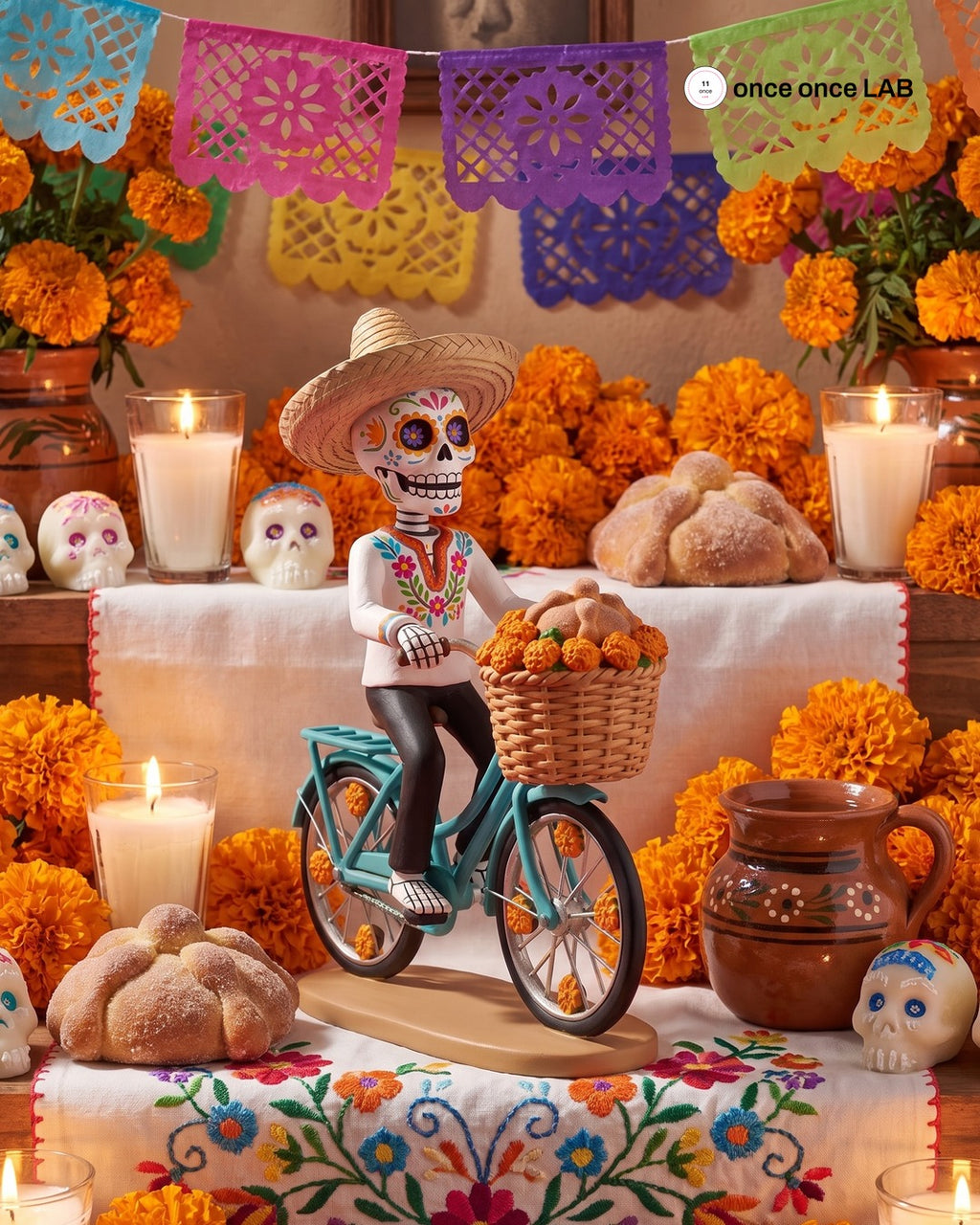 Calaverita Ciclista con Canasta de Cempasúchil — Figura para Ofrenda de Día de Muertos — Once Once Lab