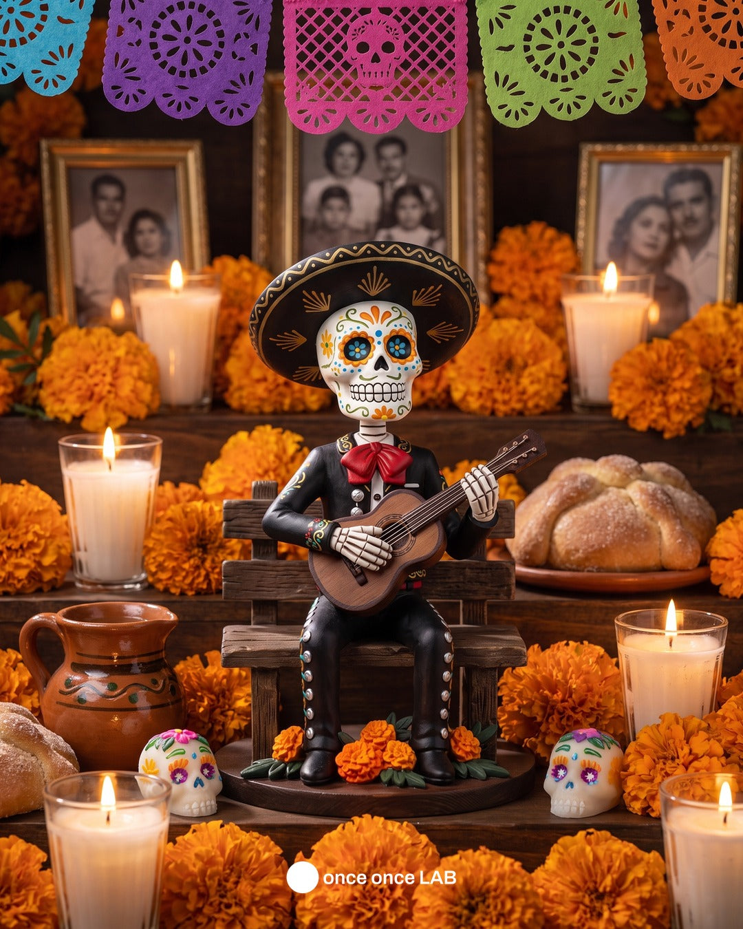 Calaverita Mariachi con Guitarra — Figura para Ofrenda de Día de Muertos — once once LAB