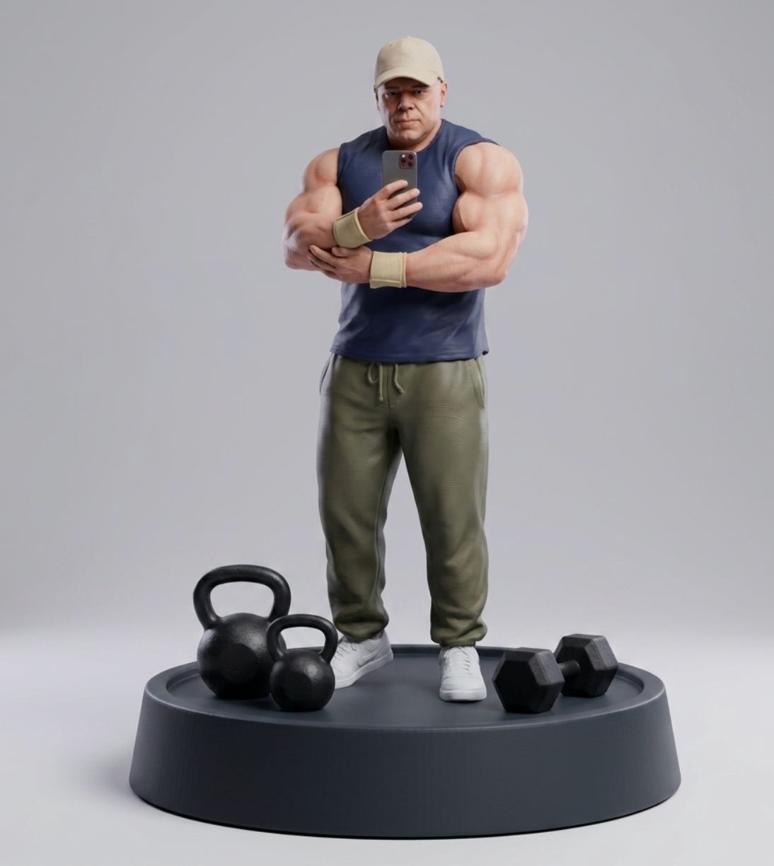 Figura personalizada de hombre en el gimnasio con gorra, mancuernas y pesas rusas sobre base redonda