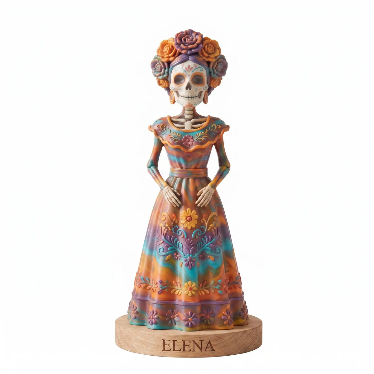 Catrina de Día de Muertos de 13 cm sobre ofrenda con cempasúchil