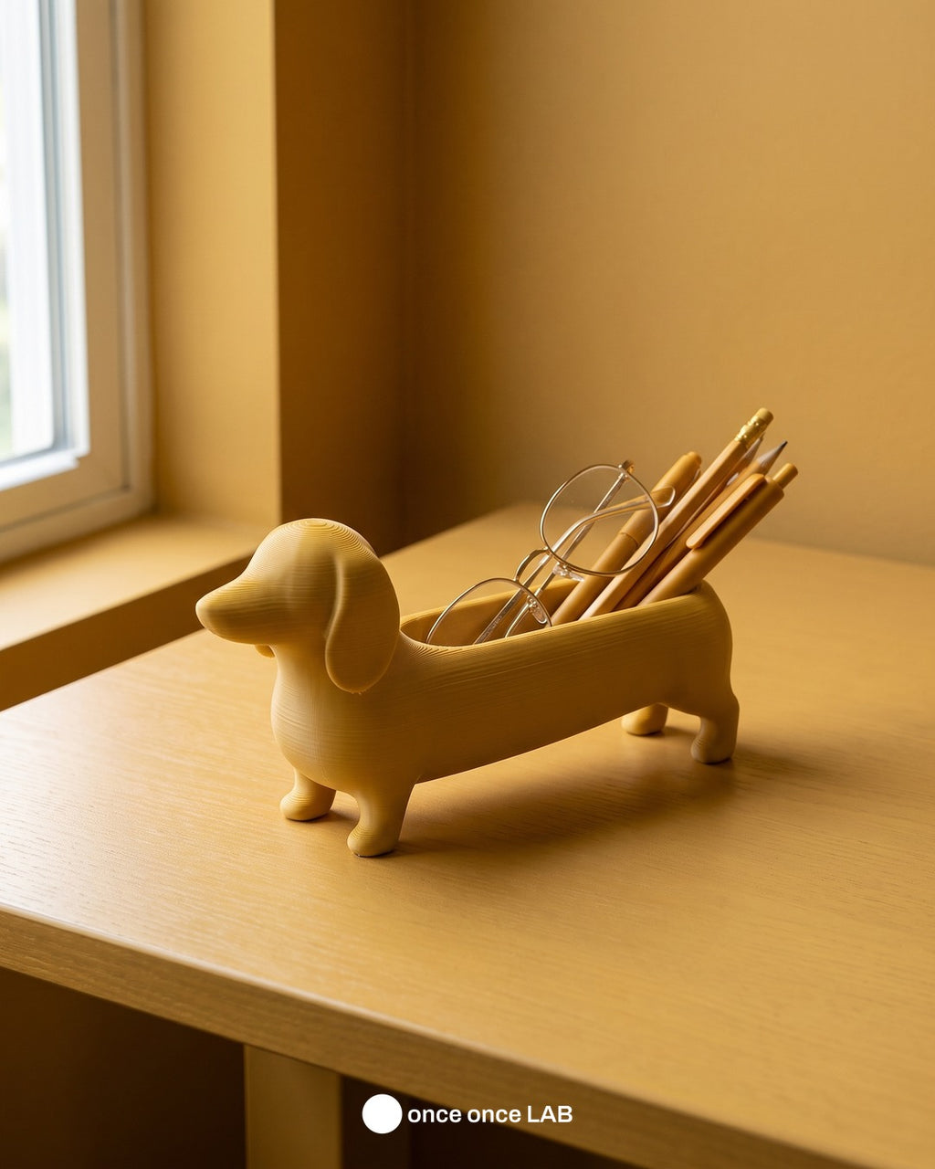Perro Salchicha, en un espacio decorado