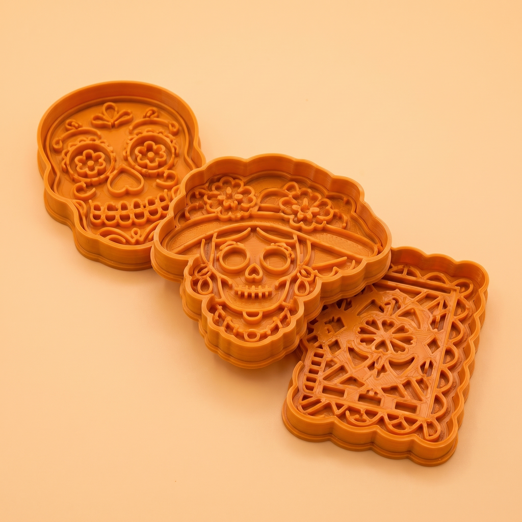Set 3 Cortadores de Galleta Dia de Muertos con Sello 10 cm — otro ángulo | once once LAB