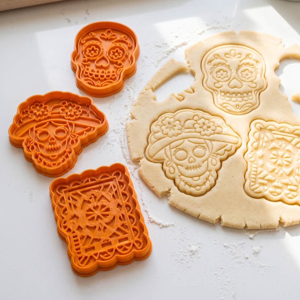 Set 3 Cortadores de Galleta Dia de Muertos con Sello 10 cm — en uso | once once LAB