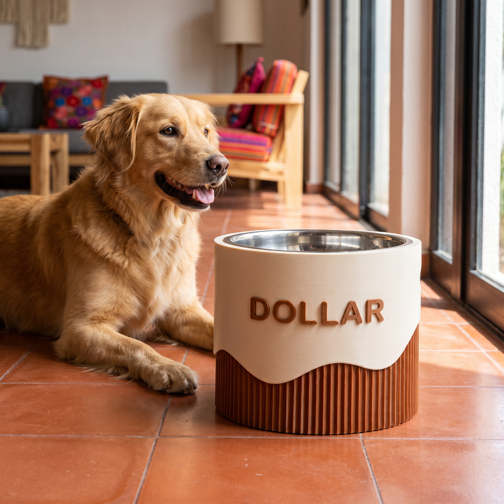 Tazón para Perro Estilo Dollar con Base Ondulada — Personalizado con Nombre — en uso | once once LAB